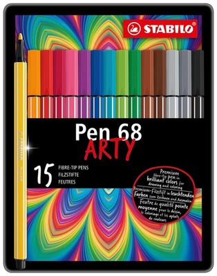 Premium Fibre-Tip Pen - STABILO Pen 68 - ARTY - Tin of 15 - Assorted Colours