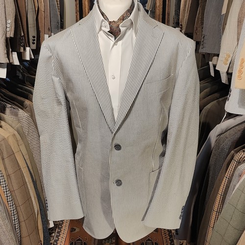 Vintage 46R Mens Seersucker Stripe Boat Suit Jacket Blazer Blue Grey Cotton - Picture 1 of 15
