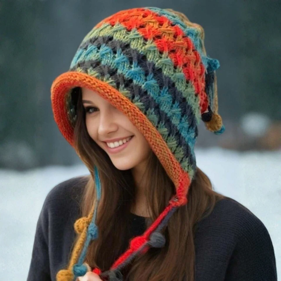 Gorro de ganchillo para mujer colorido hecho a mano borla oreja solapa tejido sombrero con estilo boho Foto 4 de 4