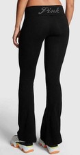 NWT Victoria's Secret PINK Black Bling Rhinestone Foldover Flare Yoga Pants MED