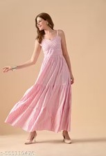 Pink White Tiered Maxi Dress Sleeveless Cotton Dress for Women