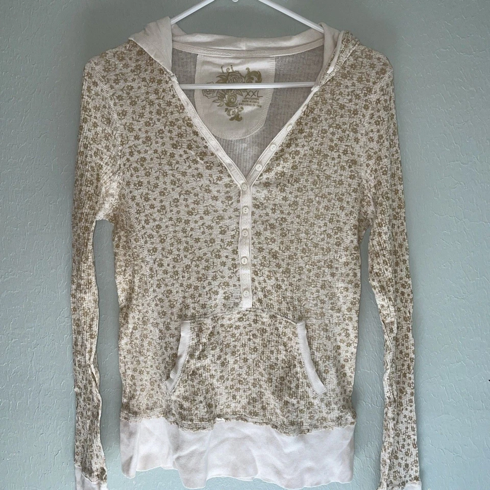 Sudadera con Capucha Térmica Henley Ajustada Vintage Y2K LEI Tostada Crema Micro Floral XL Foto 2 de 4