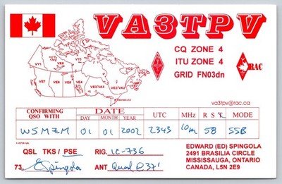 VA3TPV QSL Card Mississauga Ontario Canada W5MZM 2002 Amateur Radio A397