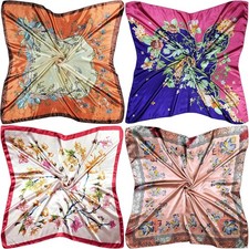 4 Pc Set Large 35 x 35 inches Satin Square Scarves Neck Hair Head Scarf C