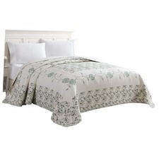 Carnation Floral Embroidered Quilted Bedspread, Lightweight, All Queen Sage