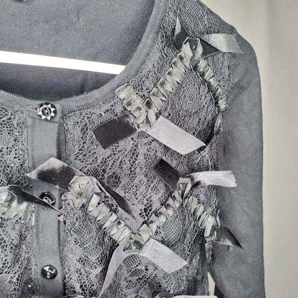 Cárdigan Dolce Cabo Mujer Pequeño Negro Encaje Cinta Lazos Cachicho Grunge Y2K Foto 4 de 4