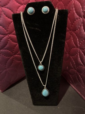 Two Layer Necklace Western Style Turquoise Stones With Studed Earrings 
