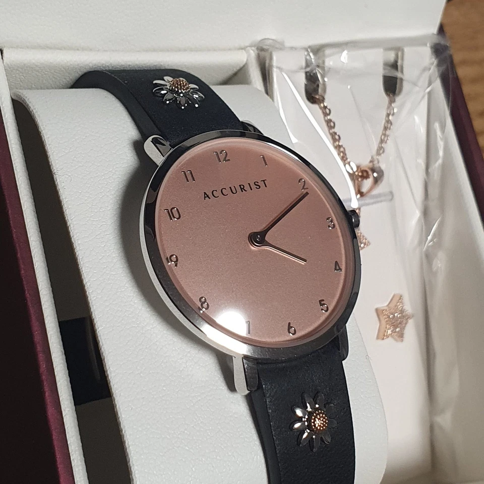 Juego de regalo de reloj y pendientes Accurist para dama 8376G correa de cuero negro oro rosa Foto 3 de 4