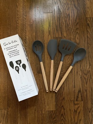 Sur la Table 4 Piece Silicone Utensil Set Spatula Slotted Spoon Turner Gray Grey