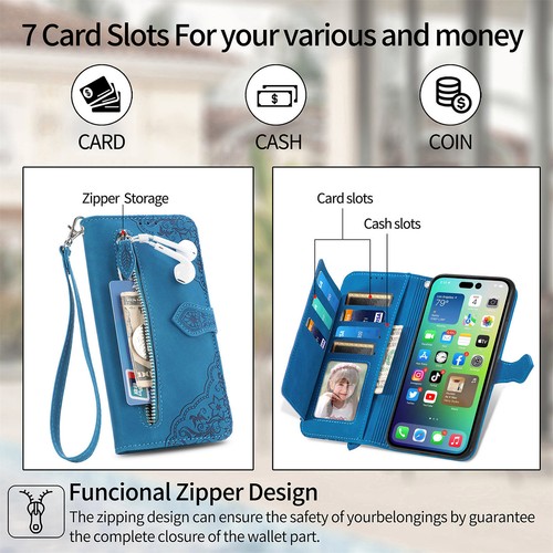 For iPhone 16e 2025/16 Pro Max/15/14 Leather Zipper Wallet Stand Case with Strap - Picture 18 of 47