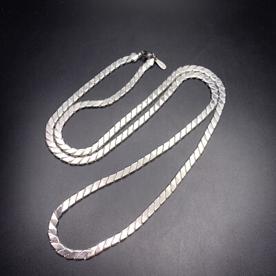 Napier Long Silver Tone Chain Necklace Flat Shiny Glossy 30 Inch Classic Signed