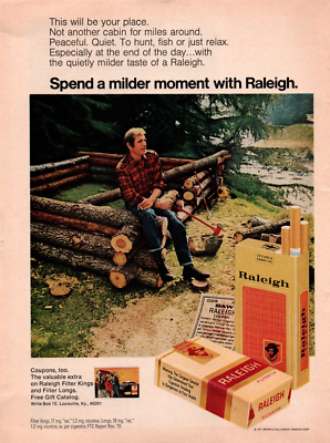 Raleigh Cigarettes Man Building a Log Cabin 1971 Vintage Color Smoking  Print Ad