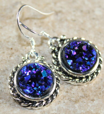 SILVER Vintage Style Royal Blue Rainbow Titanium Druzy Round Earrings WP13001