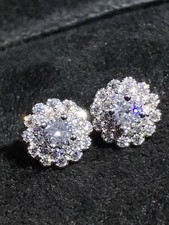 Cluster Stud Earrings 2.50Ct Round Real Moissanite 14K White Gold Plated Silver