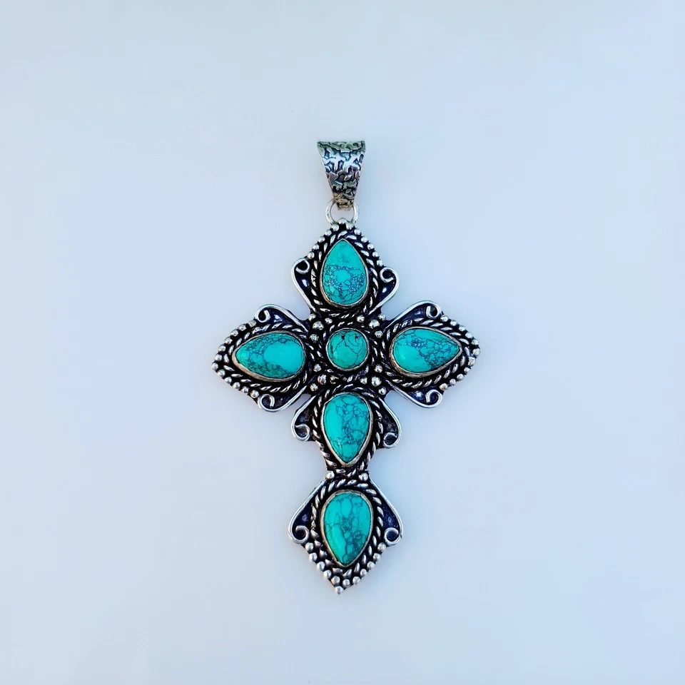 Turquoise Cross Pendant 925 Sterling Silver Handmade Gemstone Jewelry 2.55" - Image 3 of 4