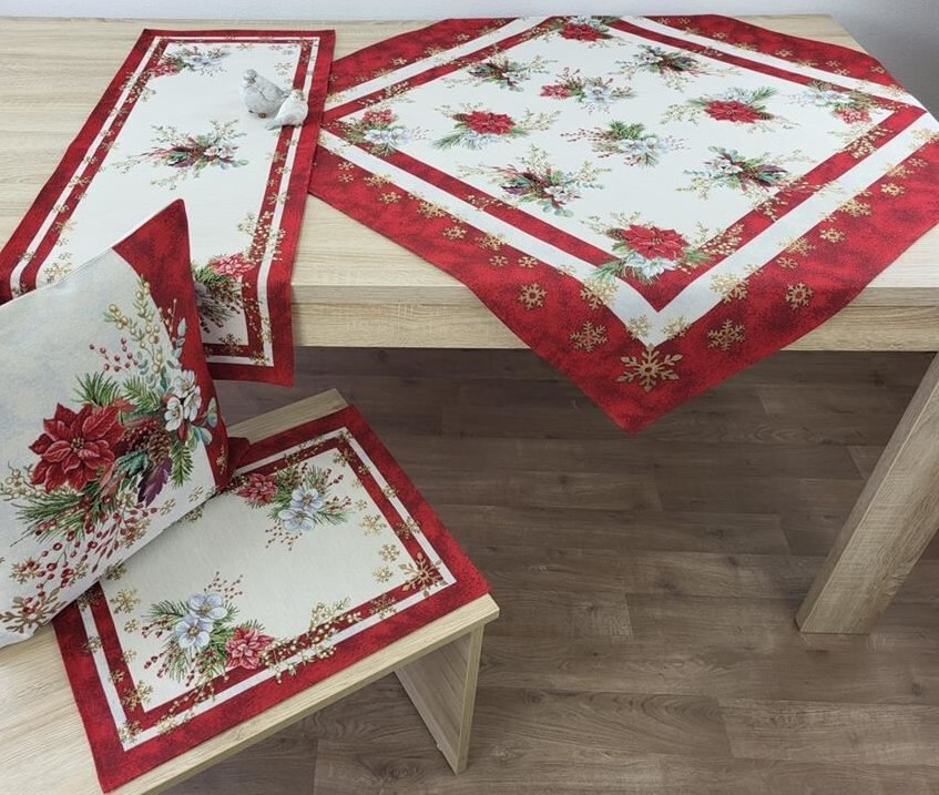 Weihnachtstischläufer Creme-rot-gold – Oval Ca. 40x90 Cm, Leinenoptik, Bestickt Mit Glöckchen & Kerzen