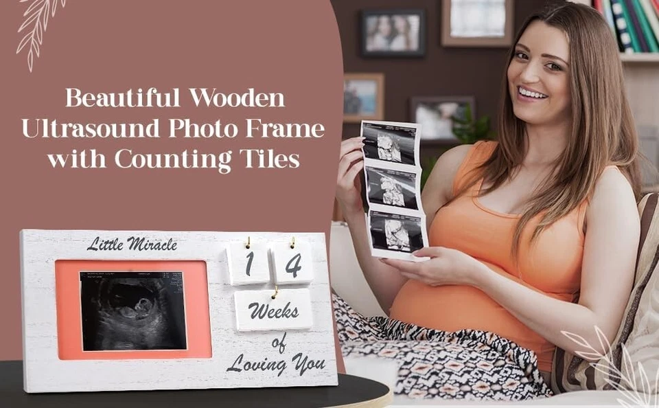 Marco de fotos de ultrasonido con rastreador de hitos, marco de madera blanco para bebé Foto 4 de 4