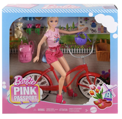 Barbie Pink Passport Holland Doll Set with Bicycle Toy New with