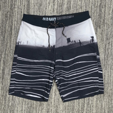 Old Navy Mens 34 Swim Trunks Board Shorts Black White Beach Scene Tie Waist