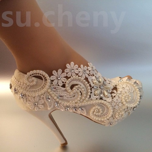 Zapatos de novia su.cheny 3"" 4"" tacón satén blanco marfil perlas de encaje puntera abierta boda zapatos de novia - Imagen 5 de 12