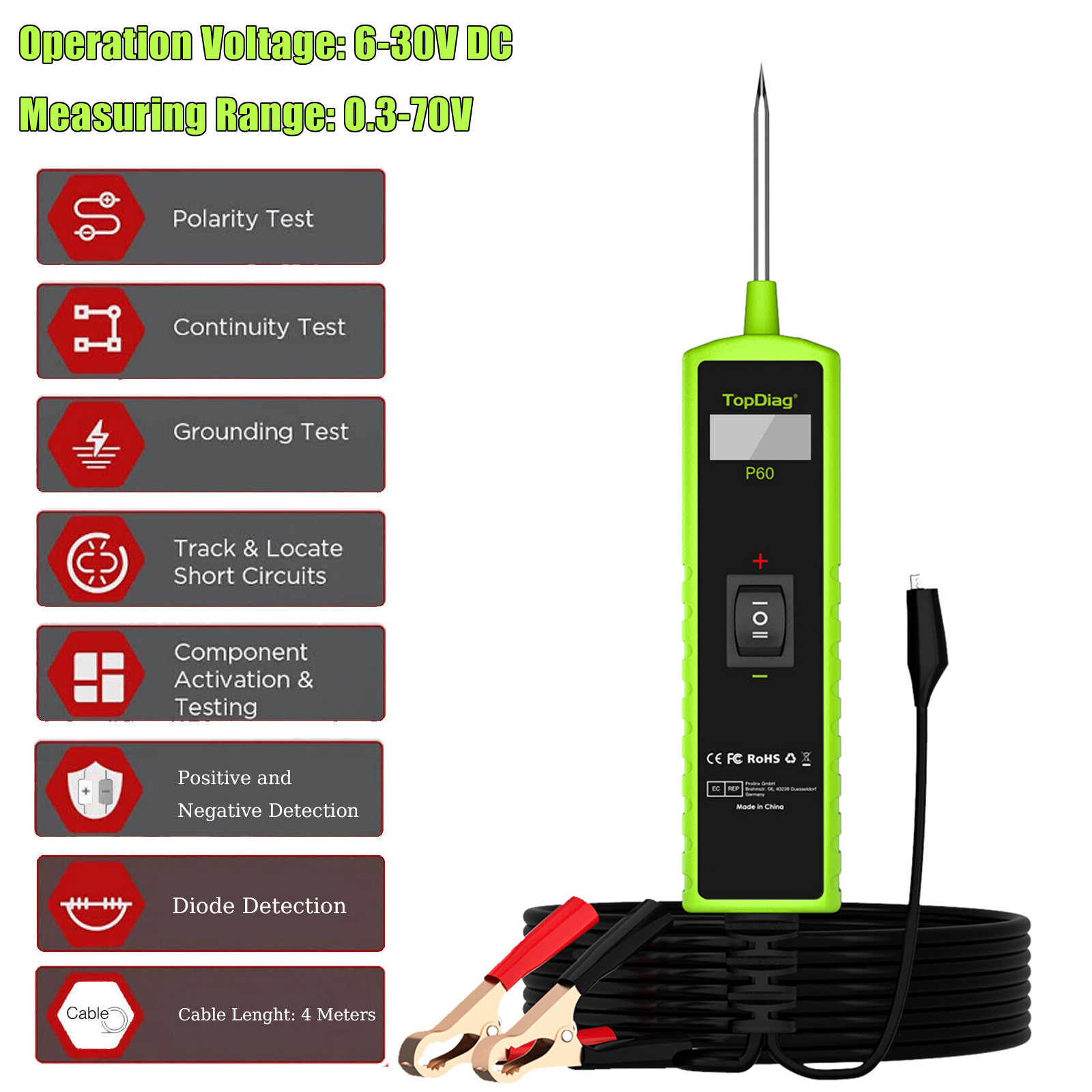 TopDiag P60 Probe Tester, Automotive Circuit Test with AC/DC Voltage Tester V4M9