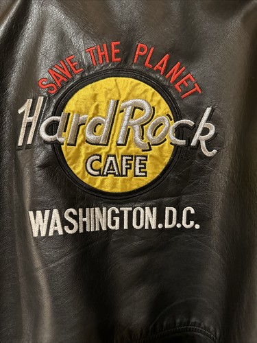 Men's Vtge Hard Rock Cafe Washington DC Genuine Black Leather Bomber Jacket XL - Picture 2 of 8