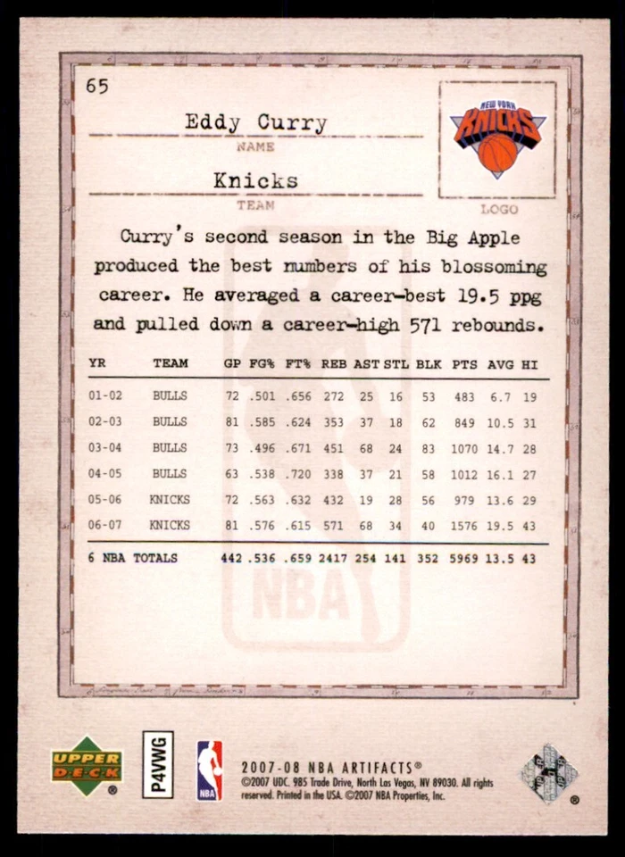 2007-08 Upper Deck Artifacts Eddy Curry Basketball Cards #65 - Image 2 of 2