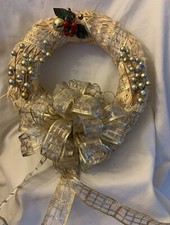 Christmas Decorative Handcrafted 12 Straw Wreath w/ Gold Silver Bow