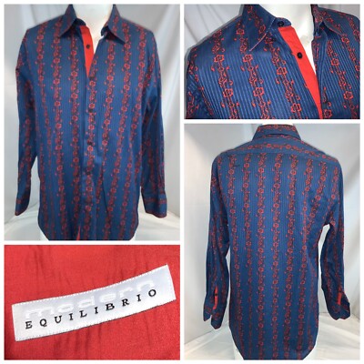 Equilibrio Modern Flip Cuff Shirt M Men Blue Red Floral Cotton India YGI D0-185