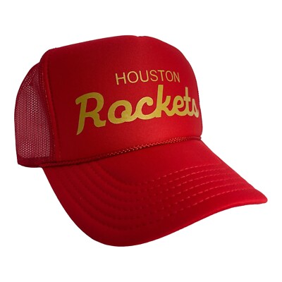 NEW HOUSTON ROCKETS RED GOLD SCRIPT HAT 5 PANEL HIGH CROWN TRUCKER ...