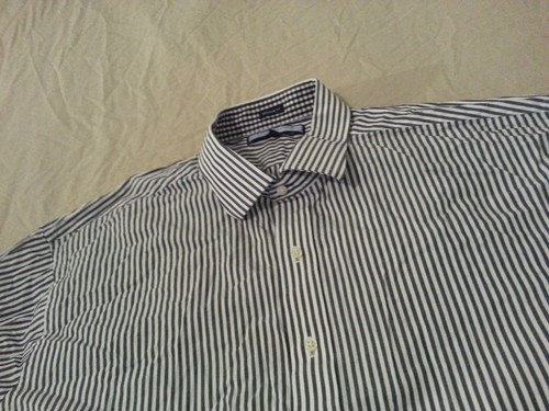 Mens Tommy Hilfiger Dress Shirt 18 34 35 2XL XXL Navy Blue Stripes Cotton Button - Picture 3 of 4