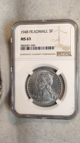 1948 SOMALIA NGC MS63 FIVE FRANCS UNCIRCULATED 5F Coin BUY IT NOW!