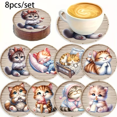 8er Set Niedliche Katze - Katzenliebhaber Untersetzer Holz Getränkematte - Tolles Geschenk!