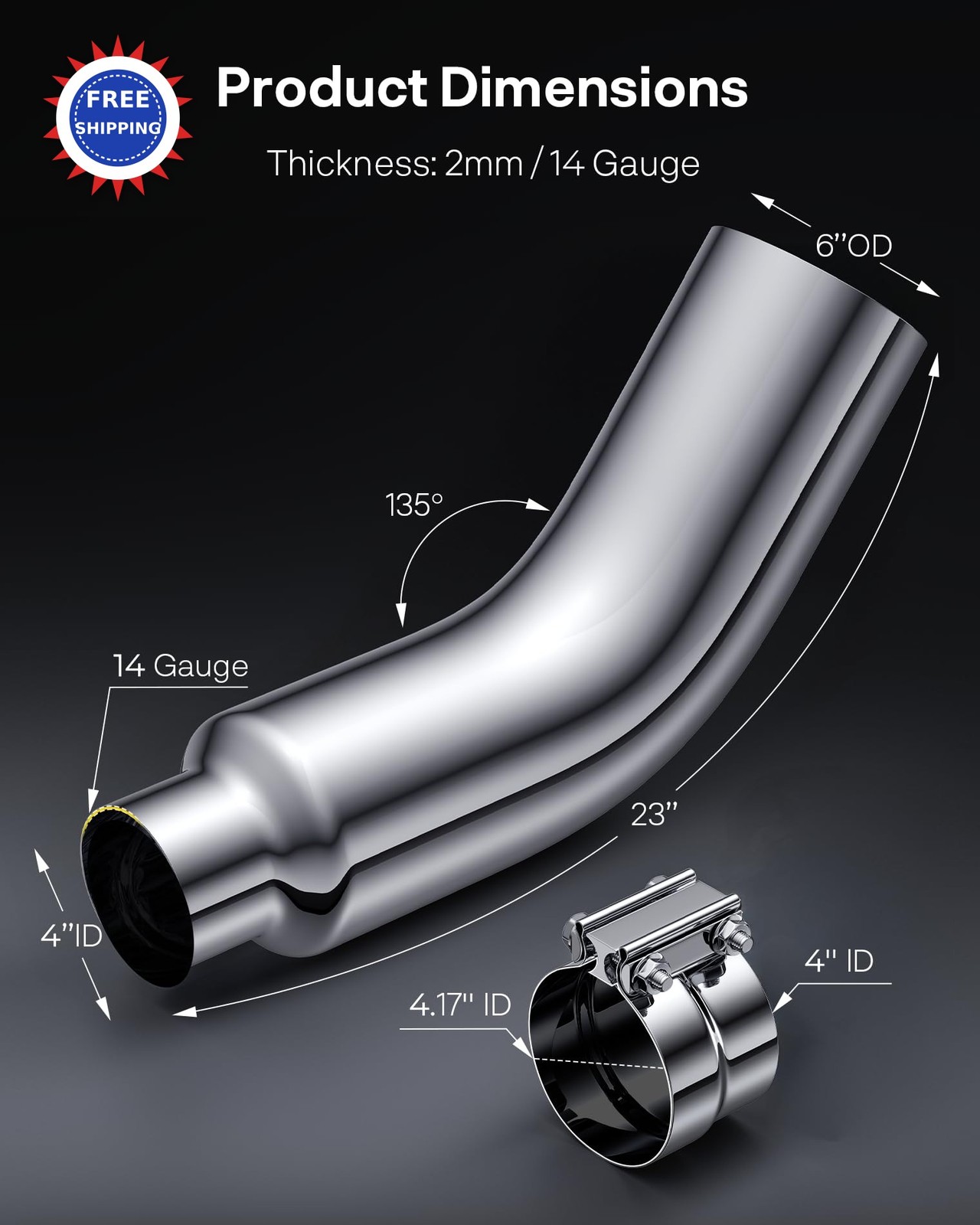 4 to 6 Inch Exhaust Elbow with Clamp Inlet Outlet Chrome Diesel Tip for Pickup thumbnail 6