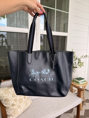 Coach Large Gray Tote Bag Horse & Carriage Logo, Bag Charm, Double Handles