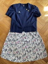 Vtg 80s 90s Navy Short Sleeve Jacket  Floral Pleated Skirt Set 2 Pc Suit Sz 18