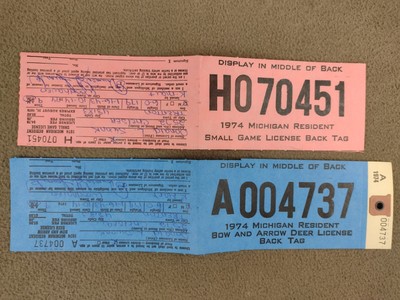1974 Michigan Resident Bow and Arrow Deer Tag + Small Game Back Tags (2 Pieces)