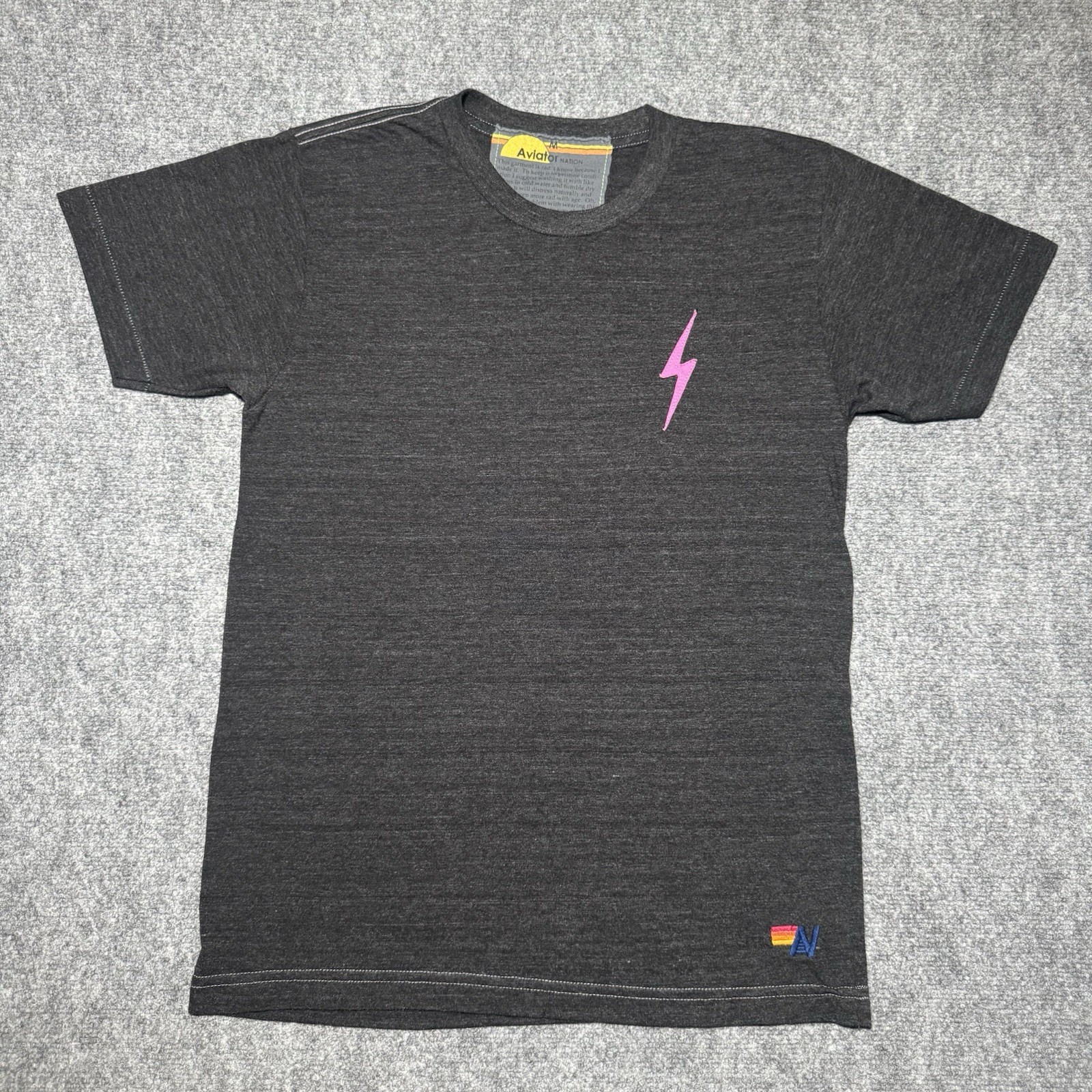 Aviator Nation Vintage Heathered Gray Boyfriend Tee Pink Bolt Lightning Shirt M