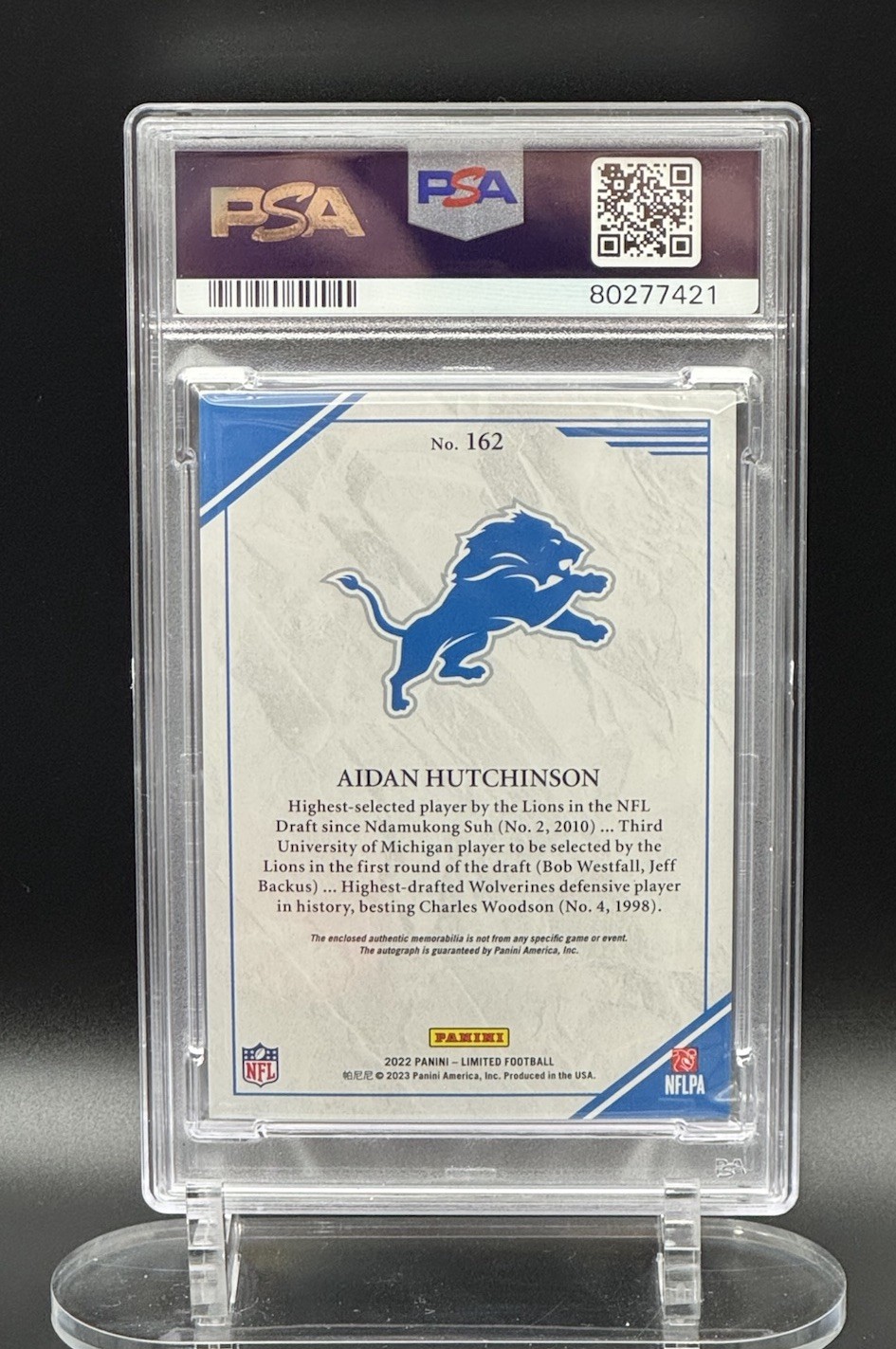 2022 Panini Limited Aidan Hutchinson RC Rookie Ruby Patch Auto /35 PSA 7 Auto 10 view 2