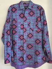 Vtg Wrangler Brushpopper USA Shirt Purple Aztec Geo Western Xlong Tails 17-36 XL