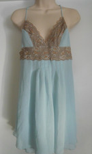 Vintage Victoria's Secret Light Blue Slip Babydoll Nightie Beige Lace M Fairy