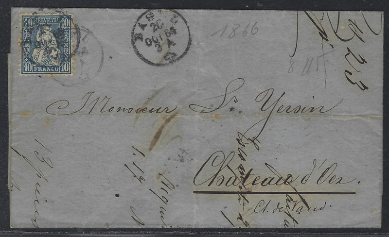 1866 Switzerland Scott # 44 Folded Letter - Basel to Chateau D'Oex via Saanen