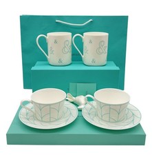 Auth Tiffany & Co. Wheat Leaf Ceramic : 2 Mugs & 2 Cups/Saucers W/Box ＭＲ-0490