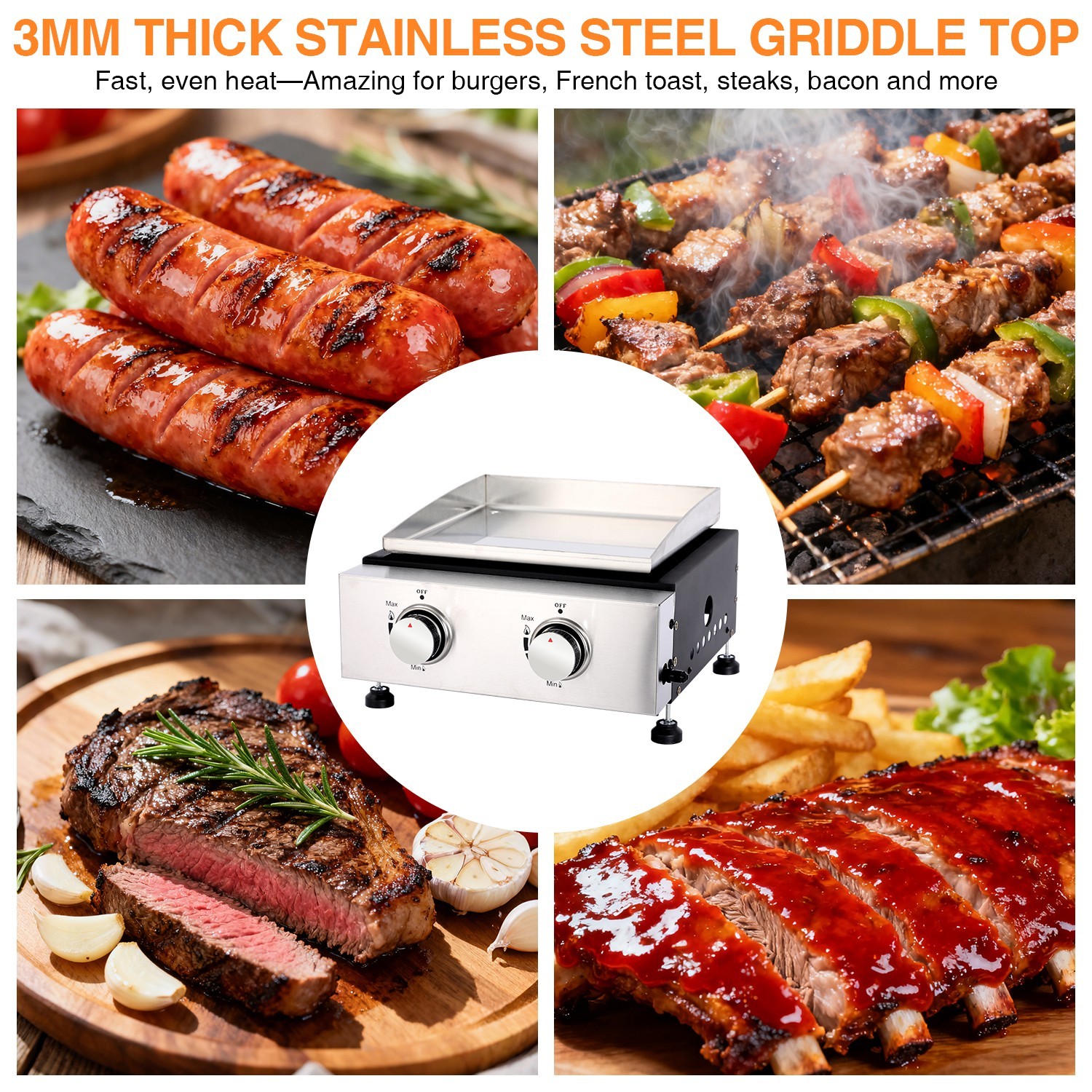 14 Inch Tabletop Gas Grill, 2 Burner Portable Flat Top Griddle with Legs, Cover