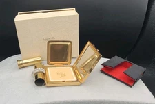 Vintage K&K Kotler & Kopit Gold Tone Jeweled Powder Compact W/Lipstick Elegant