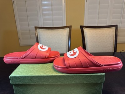 New Authentic Gucci GG Logo Slides Sandals Red White Size UK 12