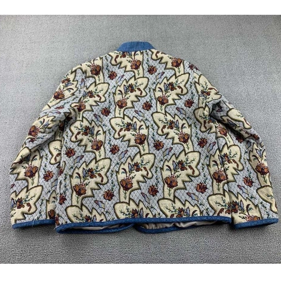 Vintage Denim & Co Jacket Women S Multi Paisley Floral Coat Tapestry Denim Trim - Image 2 of 4