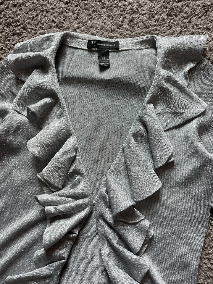 Cárdigan vintage Y2K 90s INC XS plateado metálico con volantes recortado noche de hadas Foto 4 de 4