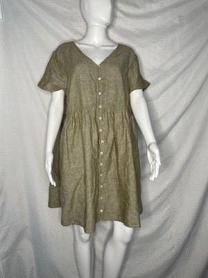 Madewell Linen Blend Alexandra Button Mini Dress XL Green Beige Short Sleeve