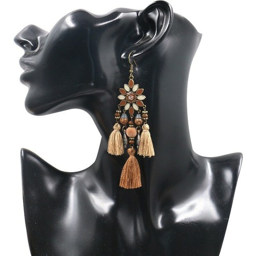 Women Boho Antique Petal Wind Chimes Tassel Style Wood Balls Earrings Hook 0076 - Picture 2 of 4